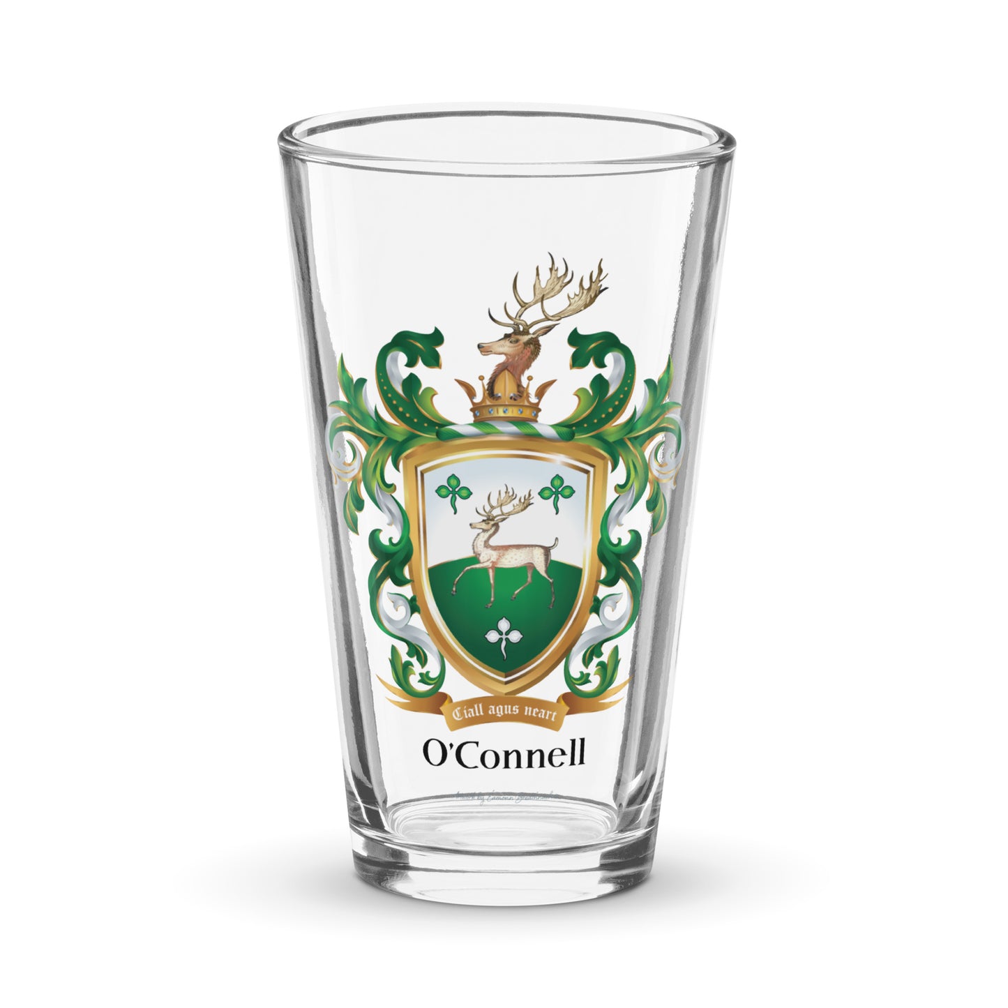 O’Connell Family Crest glass featuring a stag on the coat of arms shield