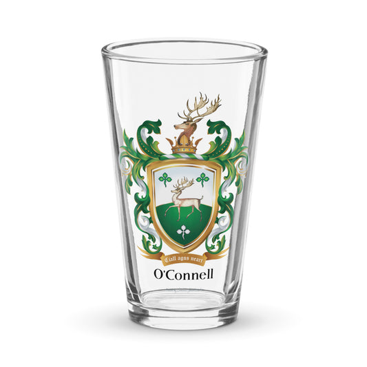 O’Connell Family Crest glass featuring a stag on the coat of arms shield