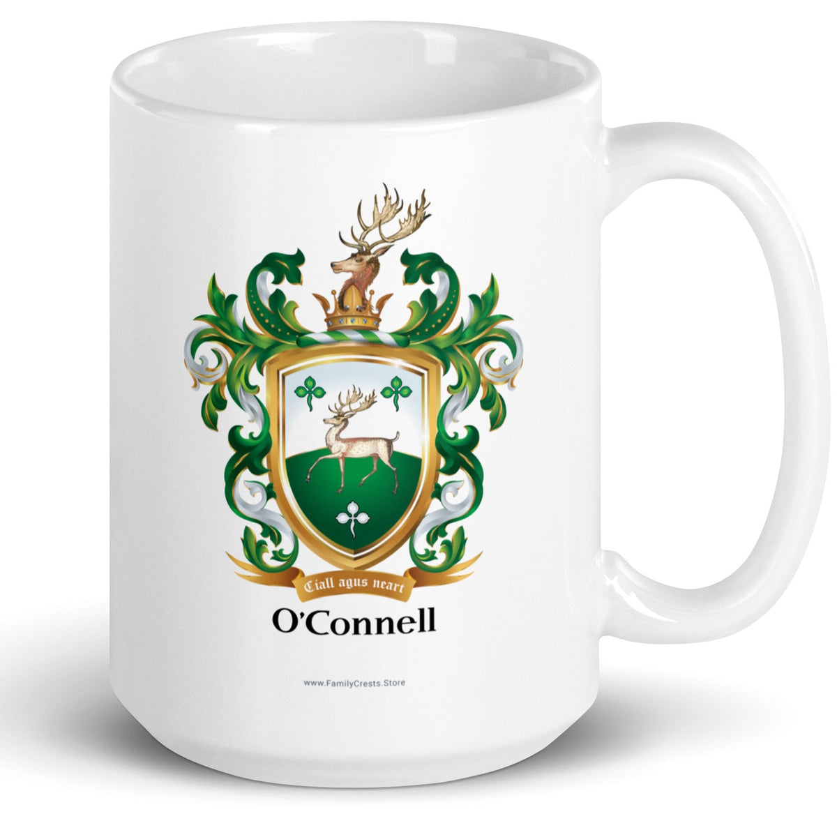 An elegant white mug with a slightly beveled base with the O'Connell Family Crest that has a white stag on a shield thatis split half-wea with white at the top and green at the bottom.
