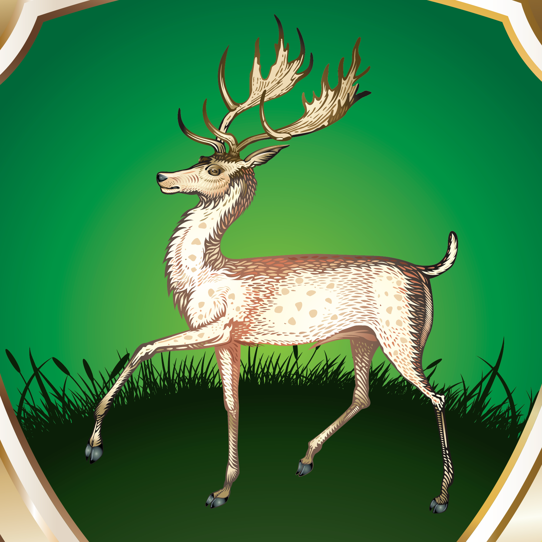 A closeup of the O’Connor family crest featuring a heraldic-style stag with large antlers standing on grass inside a green shield.