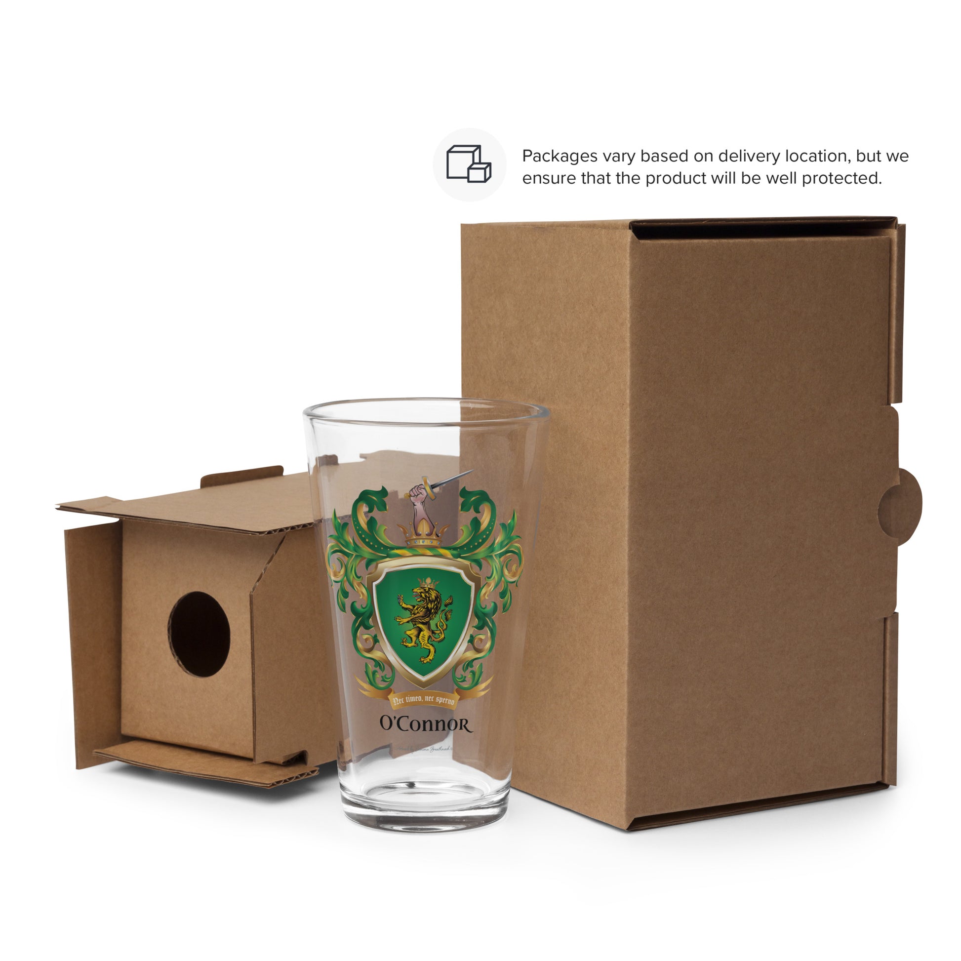The O'Connor-family-crest with a lion on a green shield on the front beside cardboard ox packaging