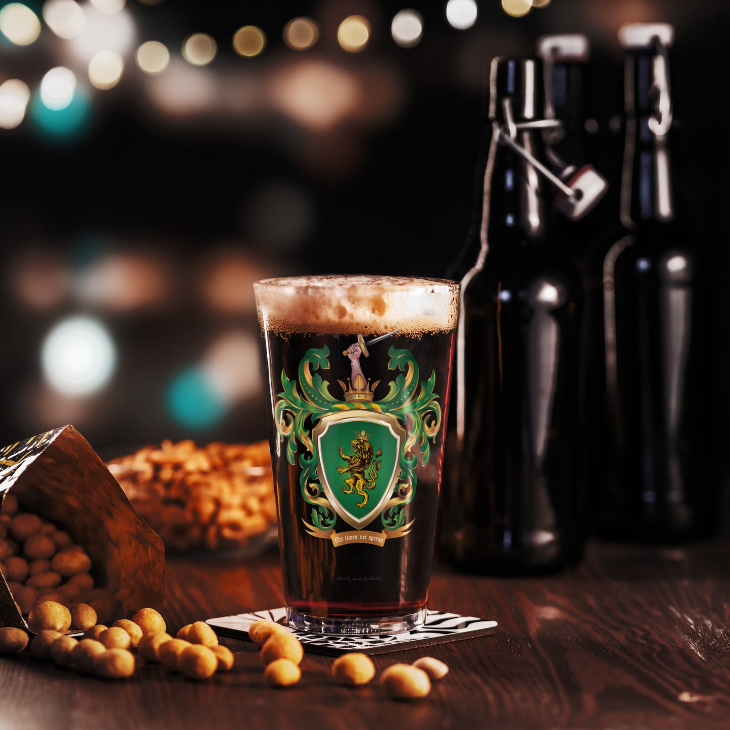 O_Connor-family-crest-on a beer glass with dark beer