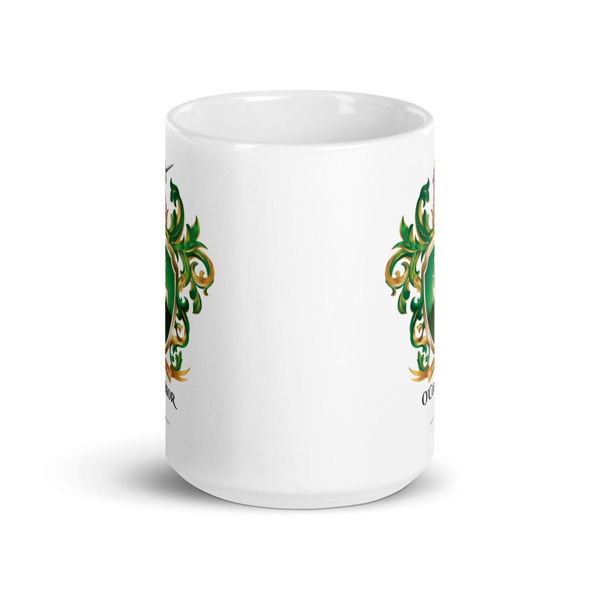 O'Connor Family Crest mug with crest partly showing twice to shoe it appears twice on the mug. - Family Crests Store