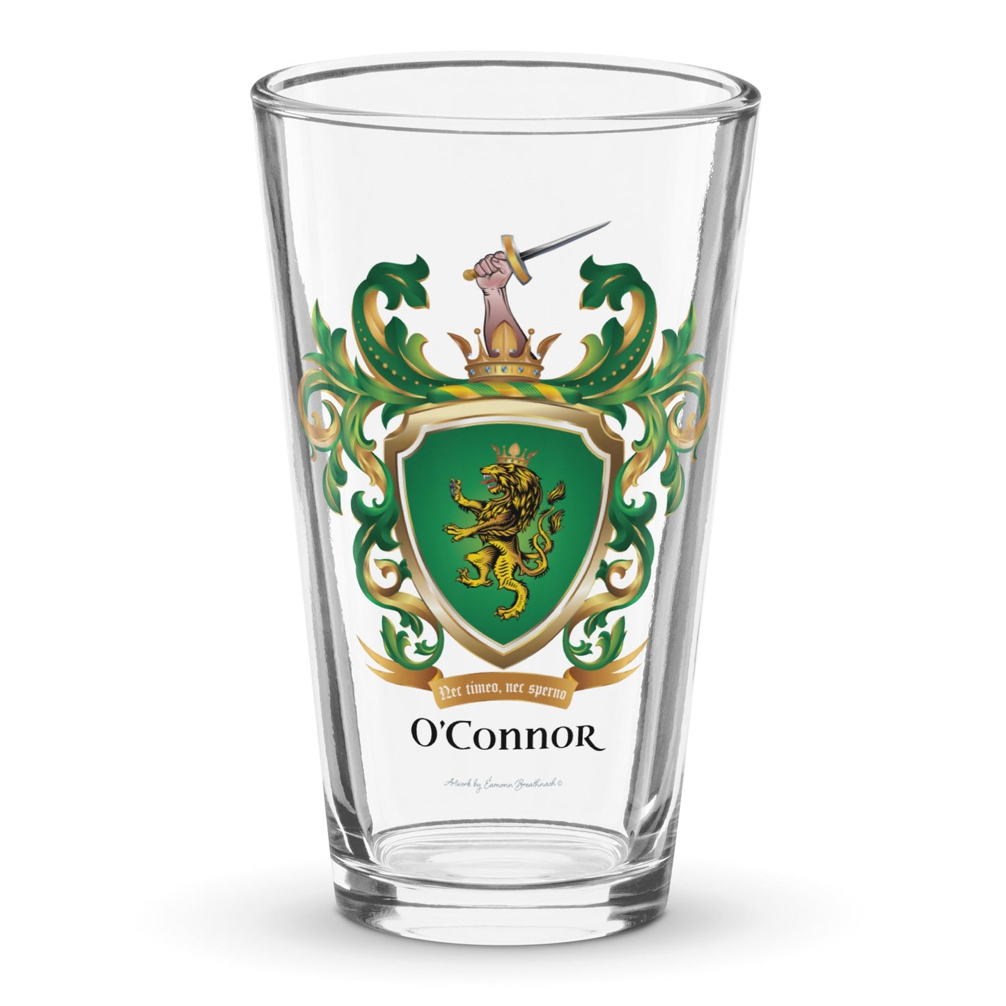 The O'Connor Family Crest beer glass - with double-tailed crowned lion on a green shield