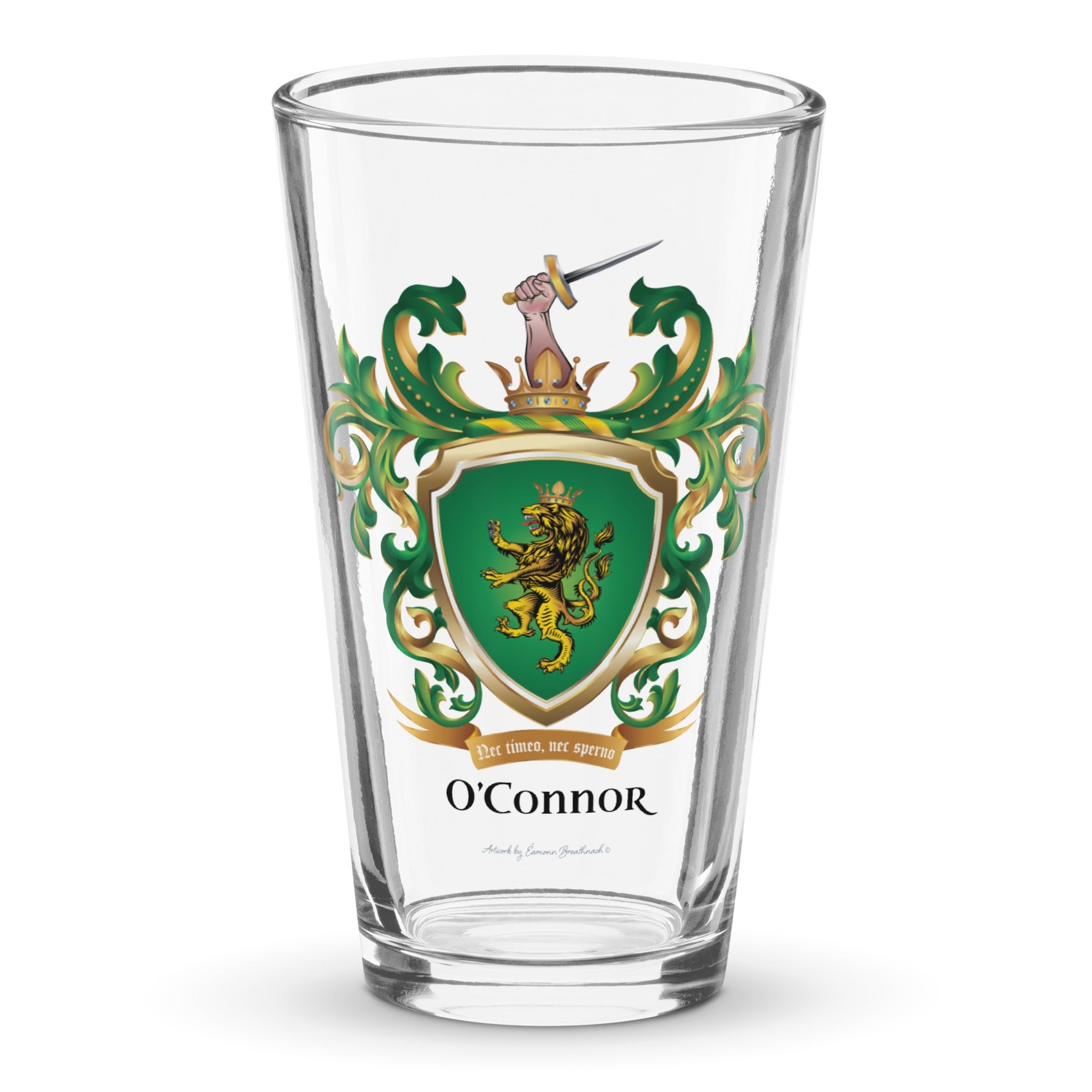 The O'Connor Family Crest beer glass - with double-tailed crowned lion on a green shield