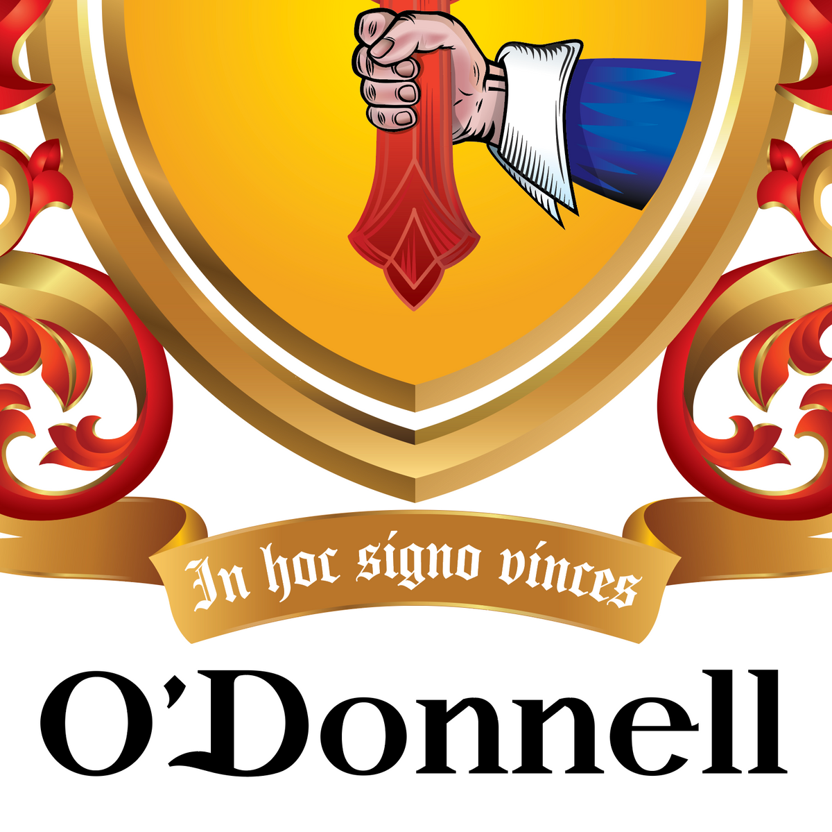 O'Donnell brand crest closeup featuring a golden shield with a hand holding a red dagger, ornate red scrollwork, a gold motto banner reading 'In hoc signo vinces,' and the word 'O'Donnell' in large black letters on a white background.