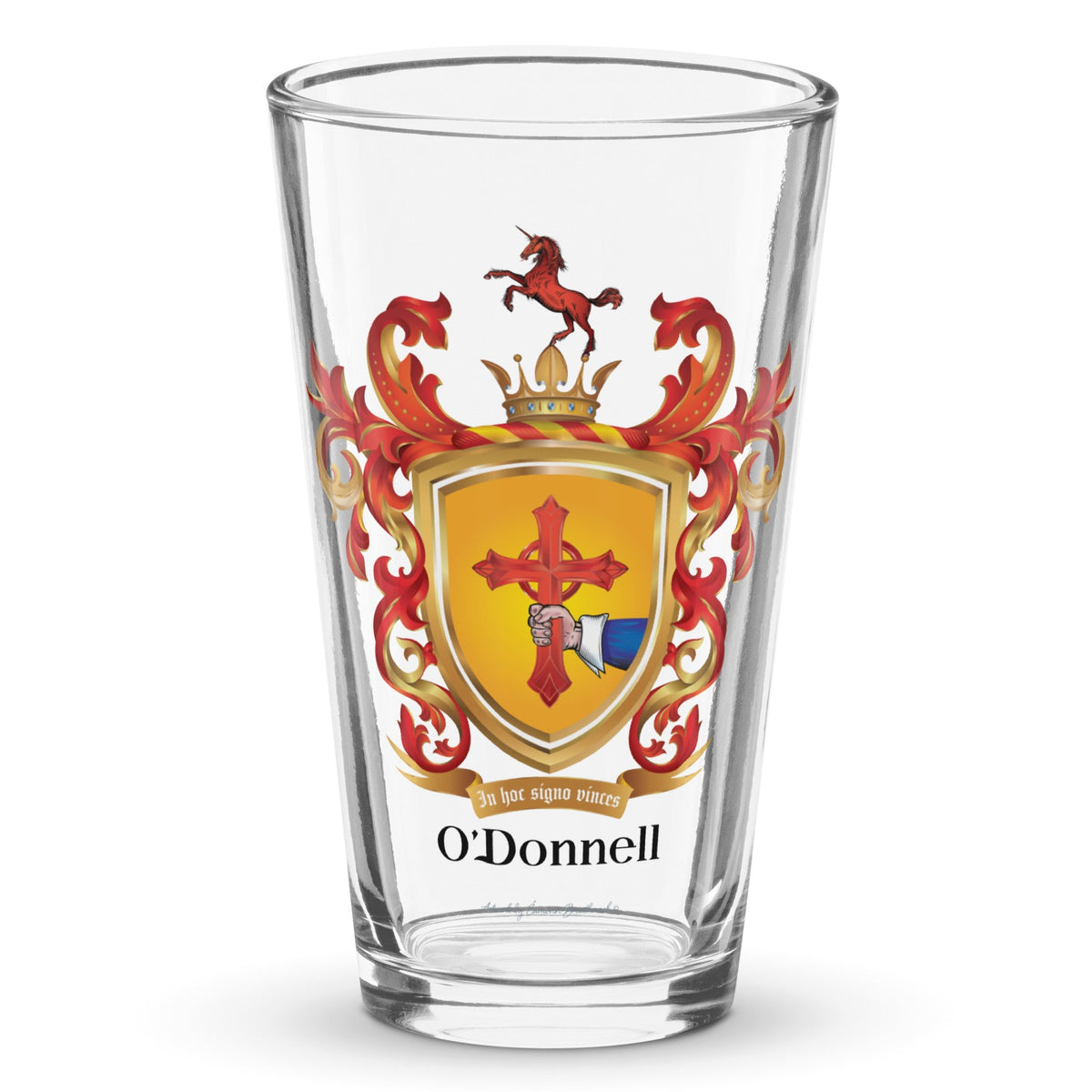 A beer glass with the O'Donnell Family Crest showing a hand with a cross and red unicorn