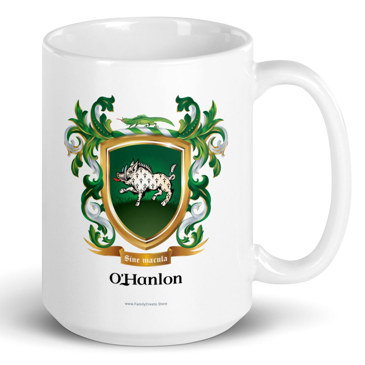 A white mug with a slightly beveled base on a white background with the O'Hanlon Family Crest featuring a white boar with ermine pattern on a green shield