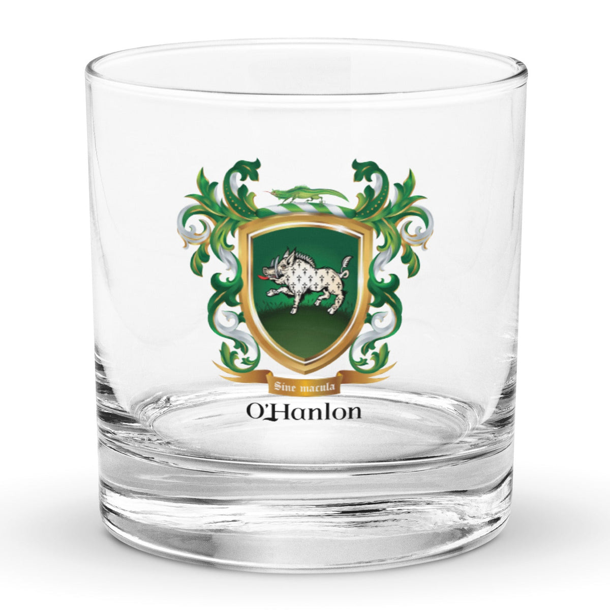 A classic heavy base rocks glass on a white background with the O'Hanlon Family Crest featuring a white boar with ermine pattern on a green shield