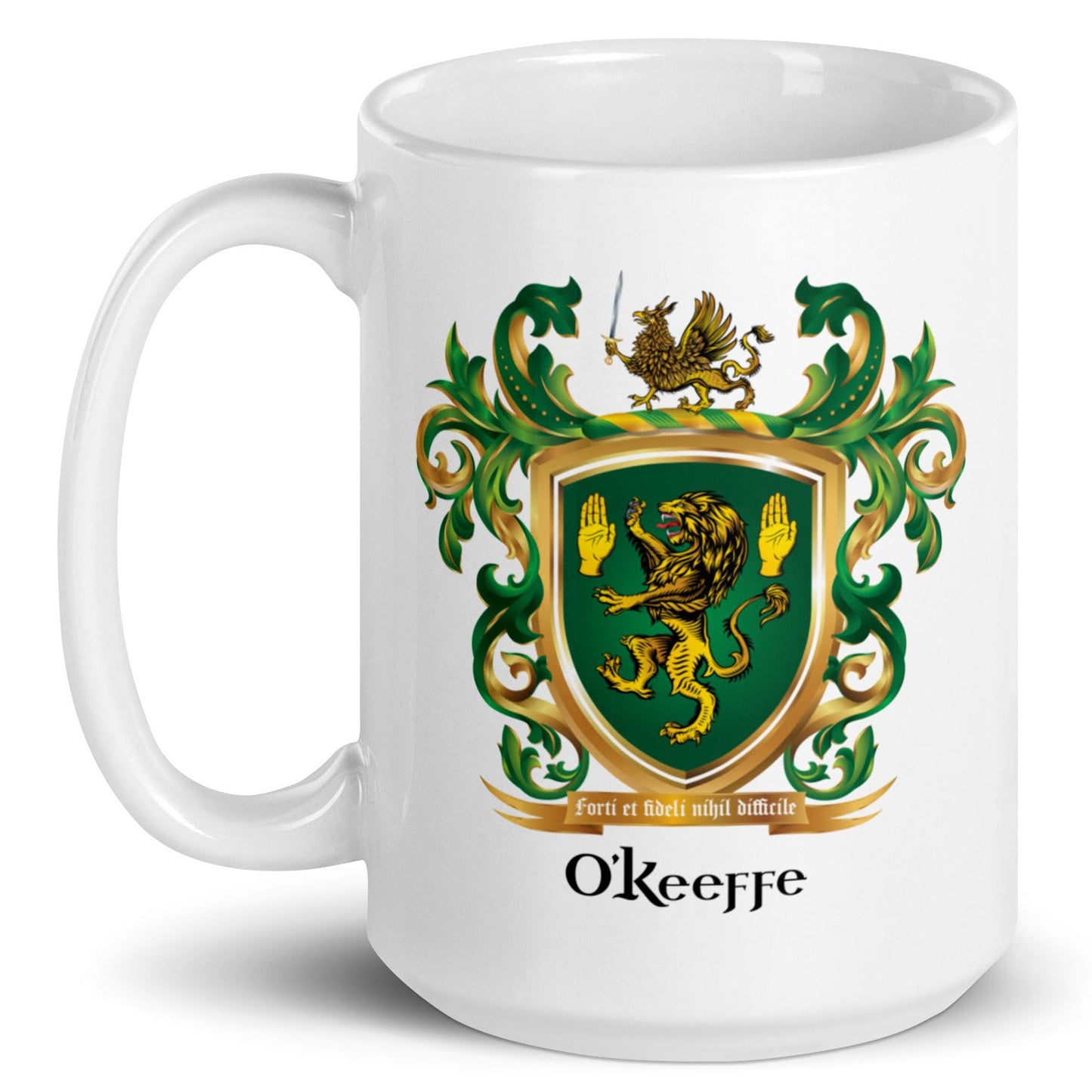 O’Keeffe Family Crest white mug with a green and gold coat of arms with lion and griffin and 'O'Keeffe' text on a white background