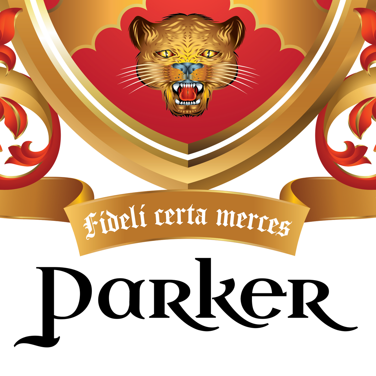 A closeup of the bottom of the Parker family crest featuring a red shield, a leopard head, a gold motto ribbon with the Latin phrase 'Fideli certa merces,' and the name 'Parker' in large black script below, on a white background.