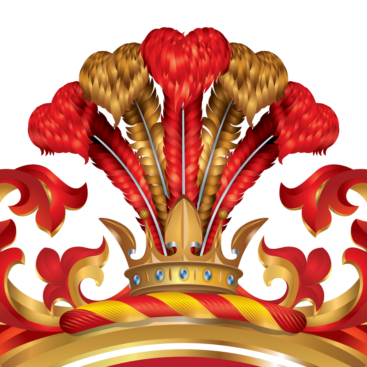 A closeup of the Parker family crest featurin a gold crown with red and gold ostrich feathers, and red-and-gold mantling on a plain white background.