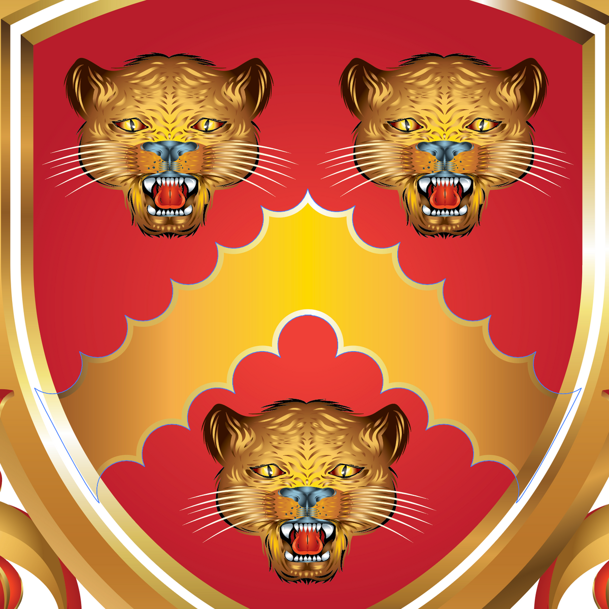A closeup of the Parker family crest featuring three roaring leopard heads on a red shield with a gold chevron.