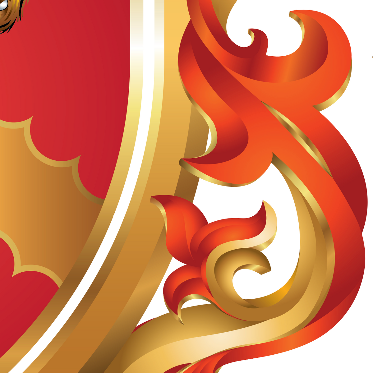 A closeup of the Parker family crest featuring a section of red and gold mantling 