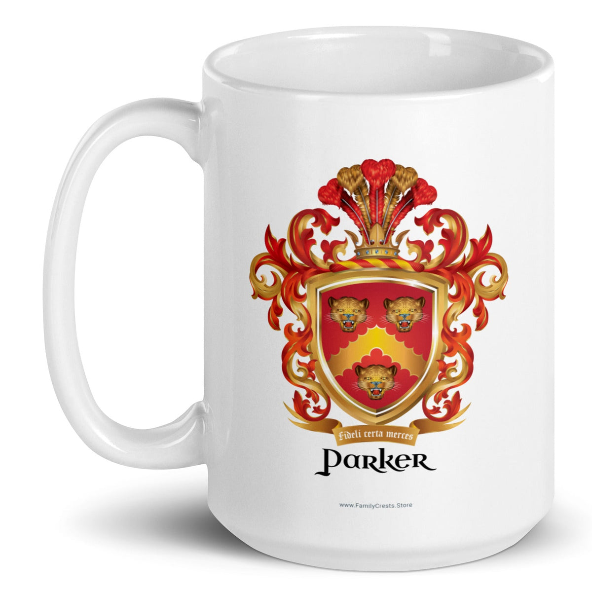 A white mug on a white background, printed with the Parker Family Crest, shown handle to left side.