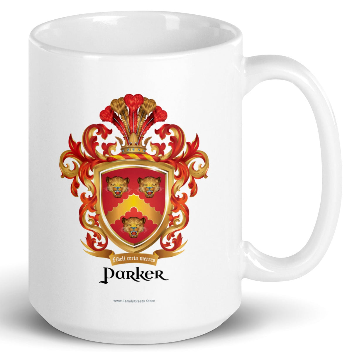 A white mug on a white background, printed with the Parker Family Crest, shown handle to right side.