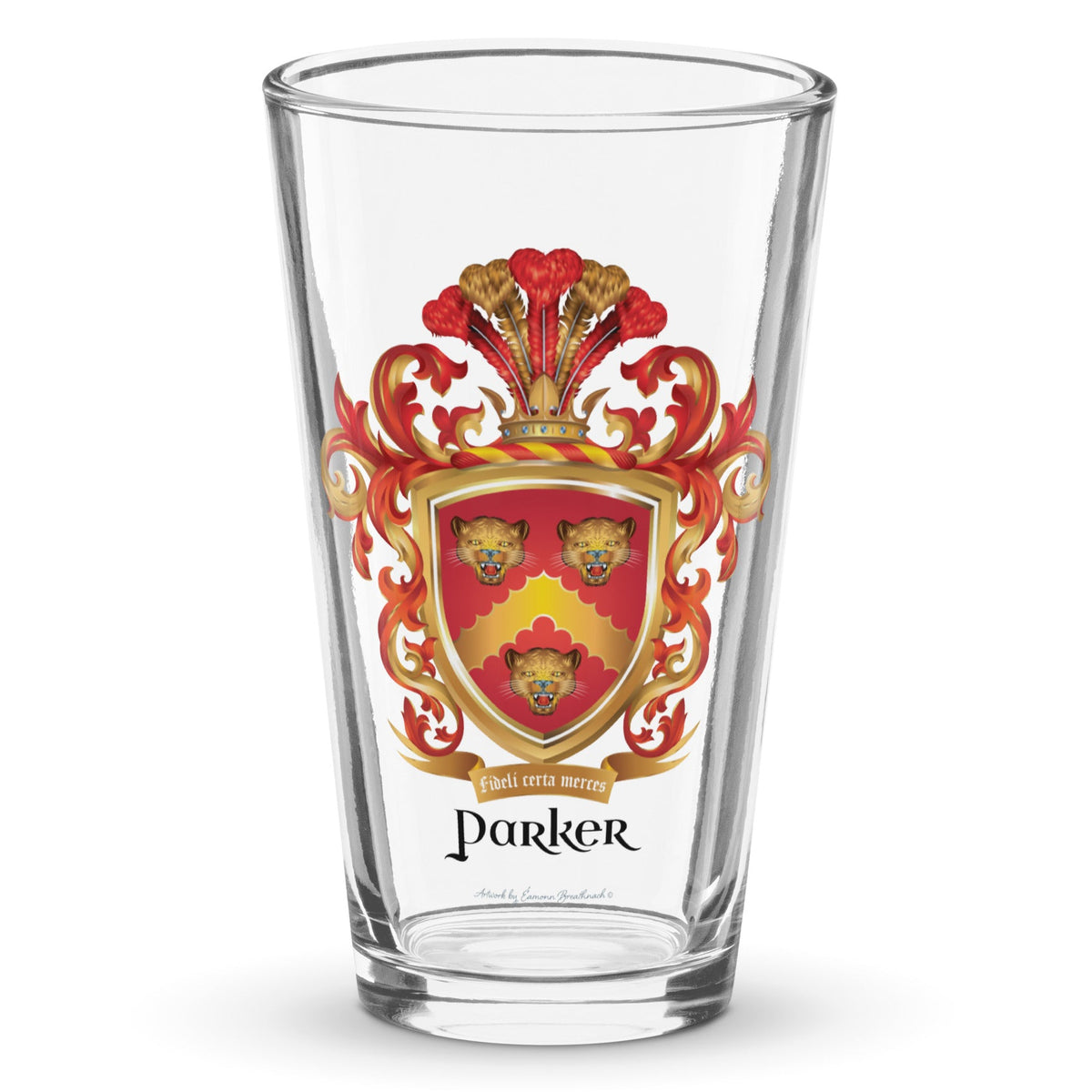 A clear classic pint beer glass on a white background, printed with the Parker Family Crest featuring three roaring leopard heads on a red shield with a gold chevron.