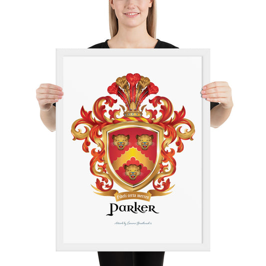 A woman standing in a white background, holding a white framed print of the Parker Family Crest featuring three roaring leopard heads on a red shield with a gold chevron.