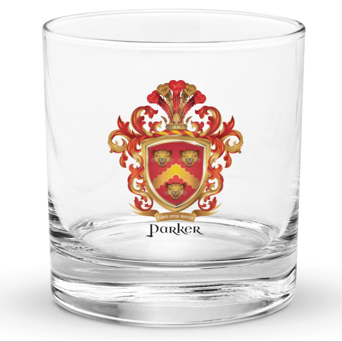 A clear classic heavy base rocks glass on a white background, printed with the Parker Family Crest featuring three roaring leopard heads on a red shield with a gold chevron.