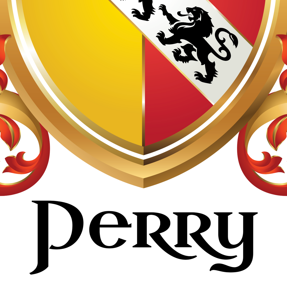 A close-up of the lower half of the Perry Family Coat of Arms featuring the heraldic thpography of the name Perry as well as part of the shield which is quartered with red and yellow/gold sections and has a white diagonal band with black lions.