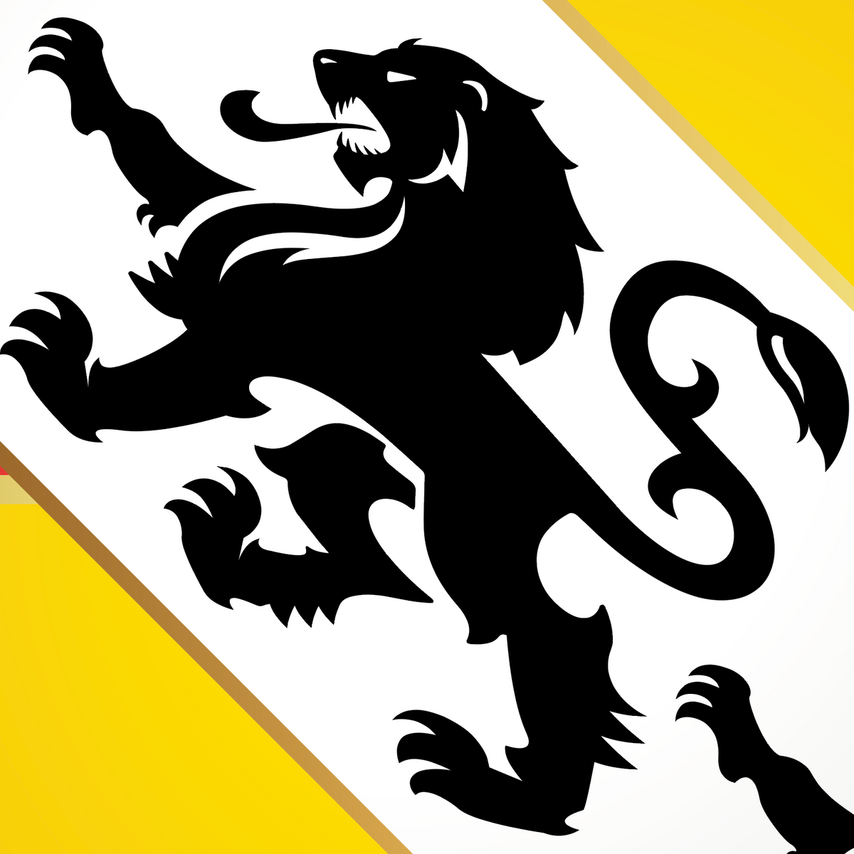 A close-up of the Perry Family Coat of Arms featuring a bold black lion rampant on a diagonal white band, set against a background split diagonally between yellow and red.