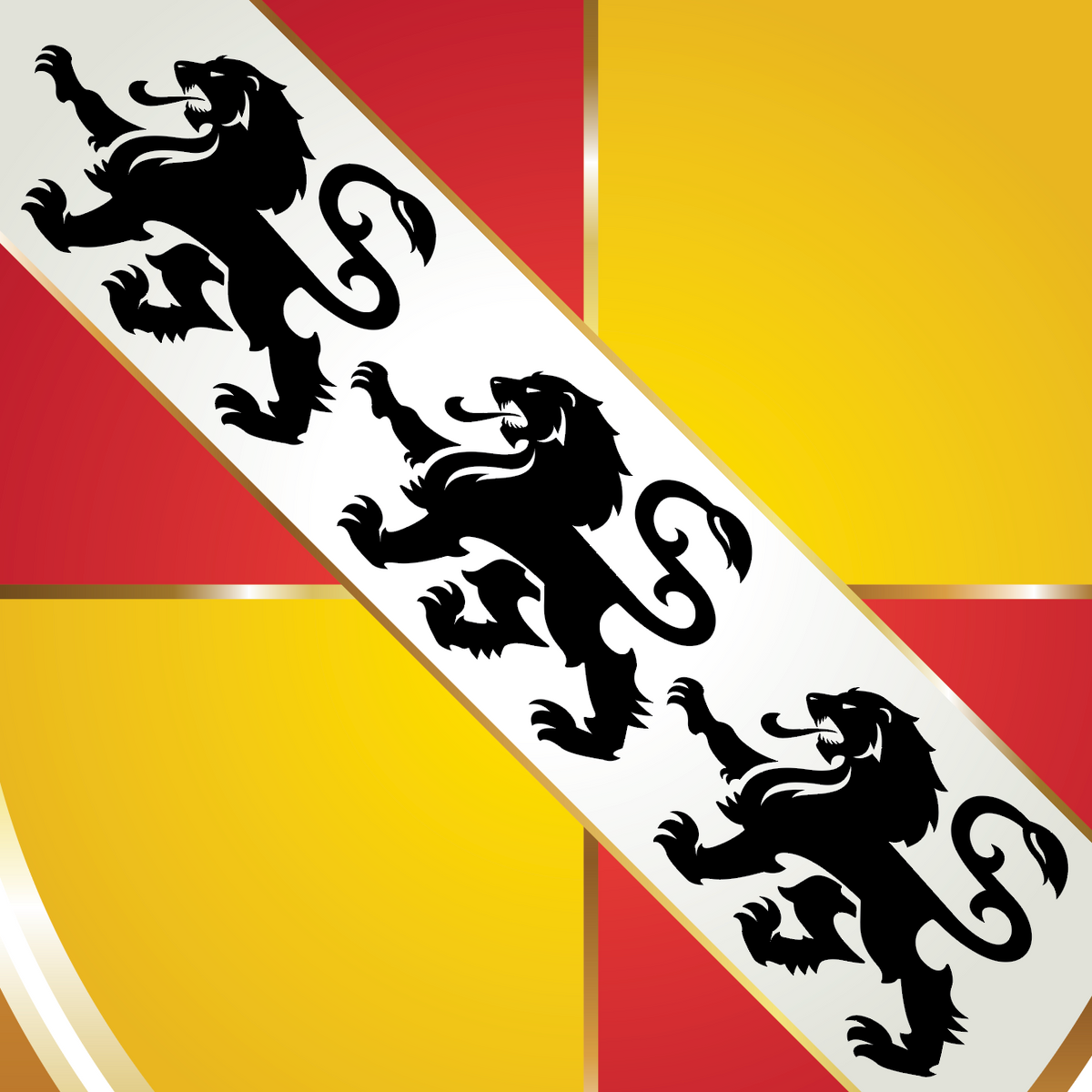 A close-up of the Perry Family Coat of Arms featuring aheraldic shield design with a gold and red quartered background, a white diagonal band across the center, and 3 black lions. 