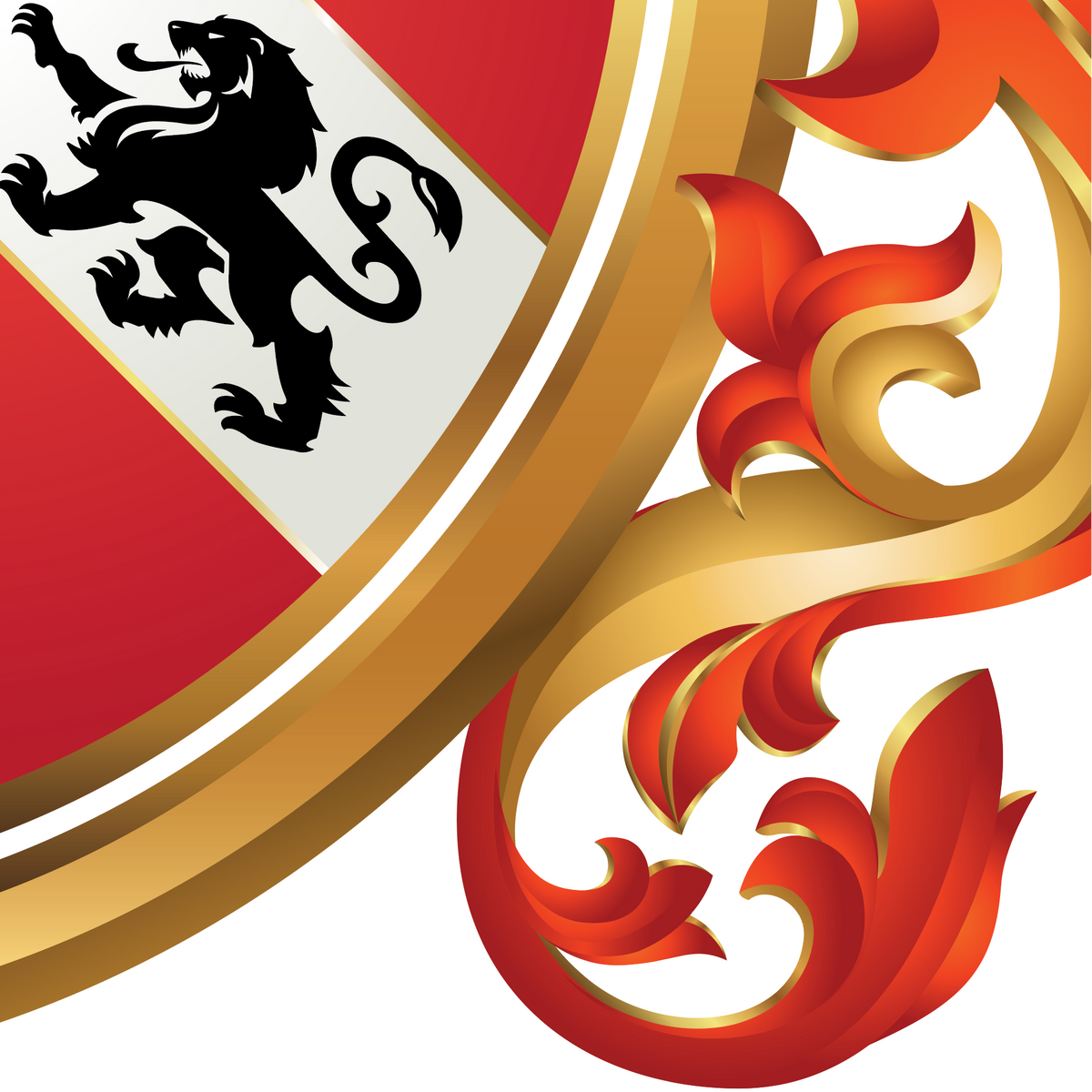 A close-up of the Perry Family Coat of Arms featuring a black lion on a white diagonal section, with red and gold sections and ornate gold and red scrollwork on a white background.