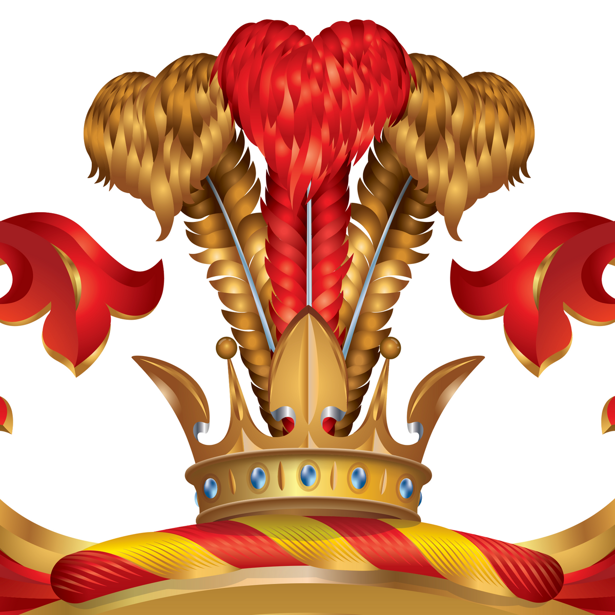 A close-up of the Perry Family Coat of Arms featuring a gold crown and ostrich feathers.
