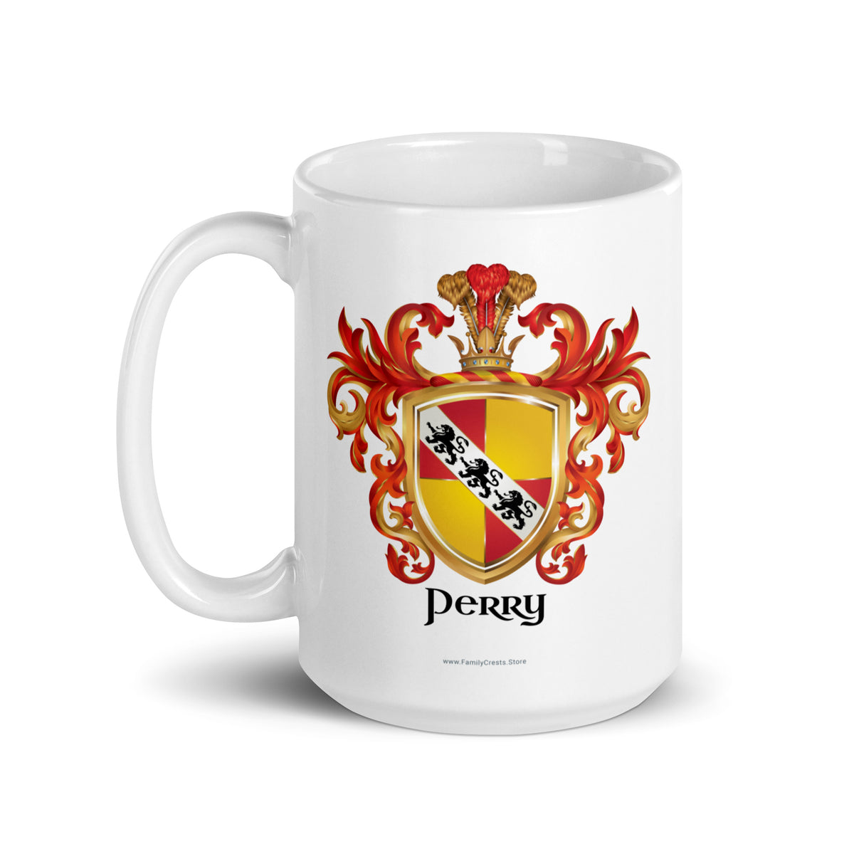 A white mug with handle to left, on a white background, printed with the  Perry Family Coat of Arms which features a shield quartered with red and yellow/gold sections and a white diagonal band with 3 black lions.