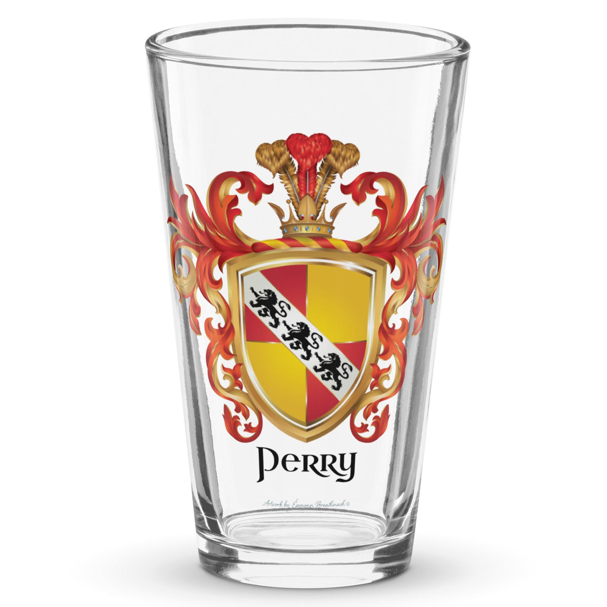 A clear classic pint beer glass on a white background, printed with the Perry Family Coat of Arms which features a shield quartered with red and yellow/gold sections and a white diagonal band with 3 black lions.