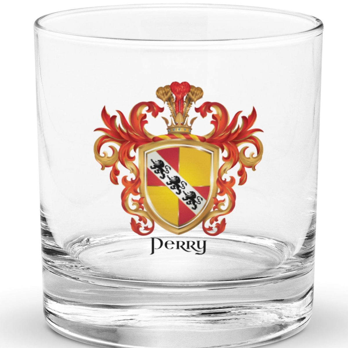 A clear classic heavy base rocks glass on a white background, printed with the Perry Family Coat of Arms which features a shield quartered with red and yellow/gold sections and a white diagonal band with 3 black lions.