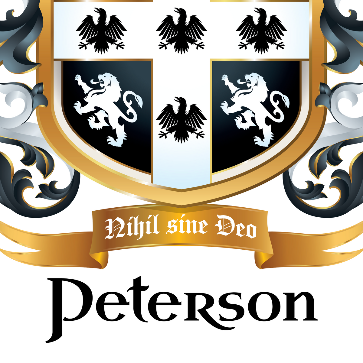 A close-up of the lower half of the Peterson Family Coat of Arms wit a gold motto banner reading 'Nihil sine Deo', and the name 'Peterson' below in large black serif text on a white background.