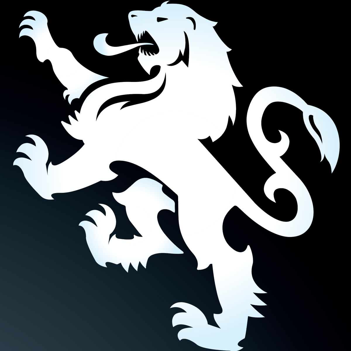 A close-up of the Peterson Family Coat of Arms showing a white lion rampant on a black background.