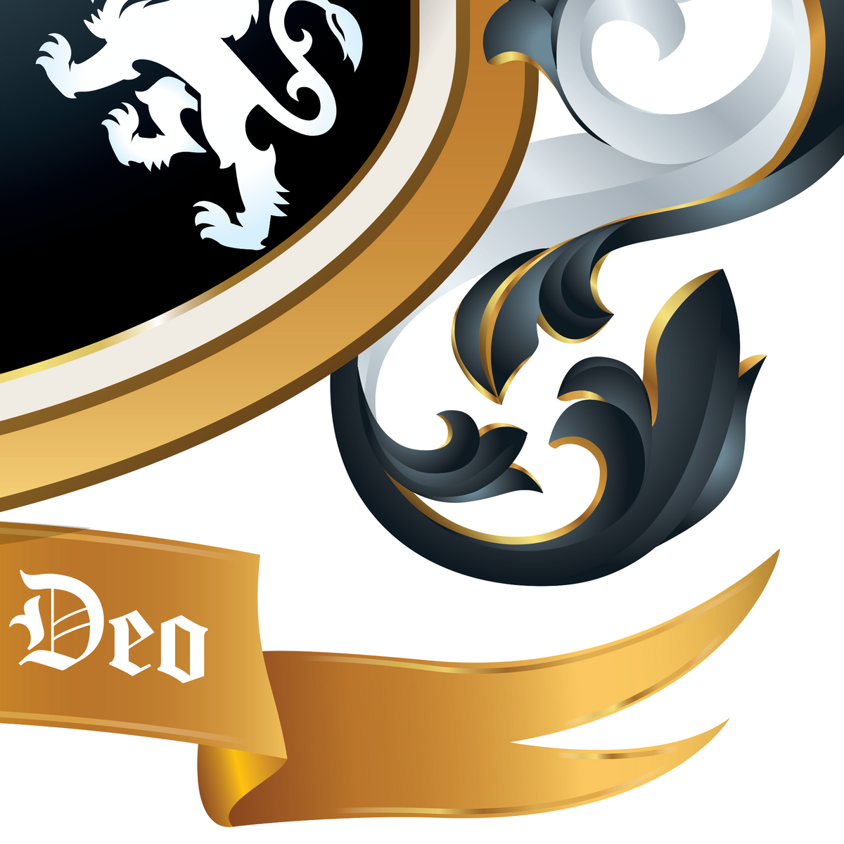 A close-up of the Peterson Family Coat of Arms featuring a white lion rampant on a black shield, bordered in gold and white, with a gold scroll below reading 'Deo' in white gothic lettering. The design is accented with black and gold ornate scrollwork on a white background.