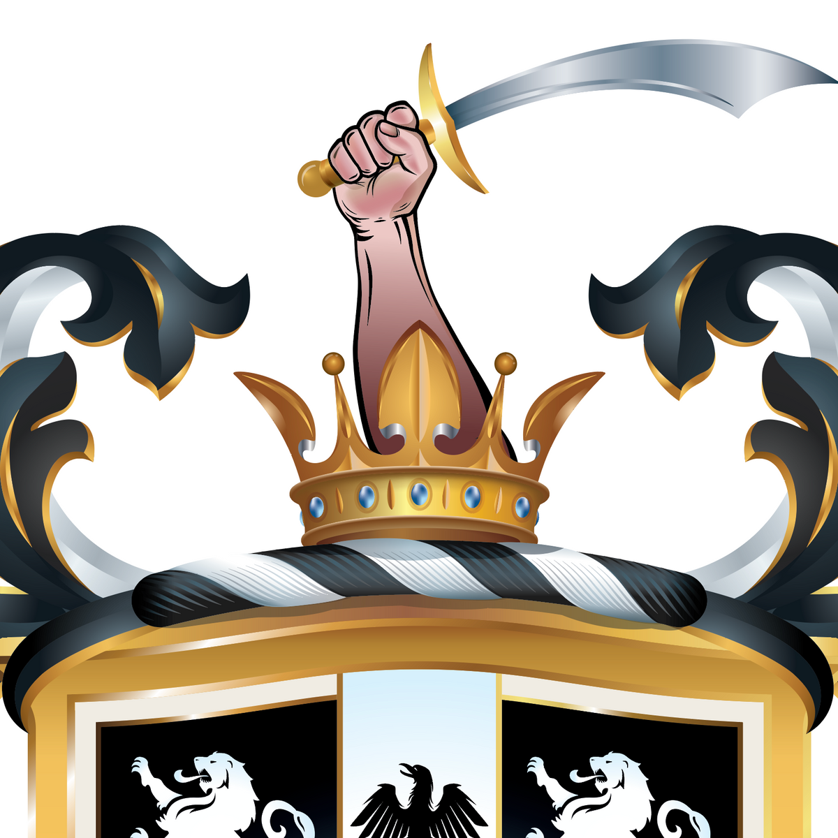 A close-up of the Peterson Family Coat of Arms featuring a raised sword over a gold crown, with black and white scrollwork and a shield below containing a white lion on the left, a black eagle in the center, and a white lion on the right.