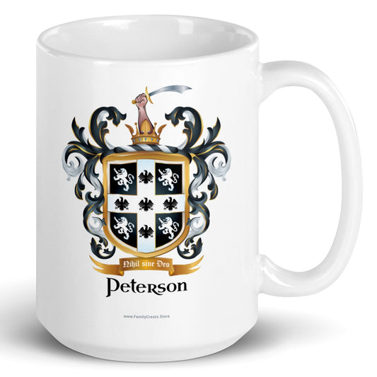 A white mug with handle to right, on a white background, printed with the Peterson Family Crest featuring 4 lions and 5 eagles on a black shield.