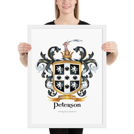 A woman standing in a white background, holding a white framed print of the Peterson Family Crest featuring 4 lions and 5 eagles on a black shield.