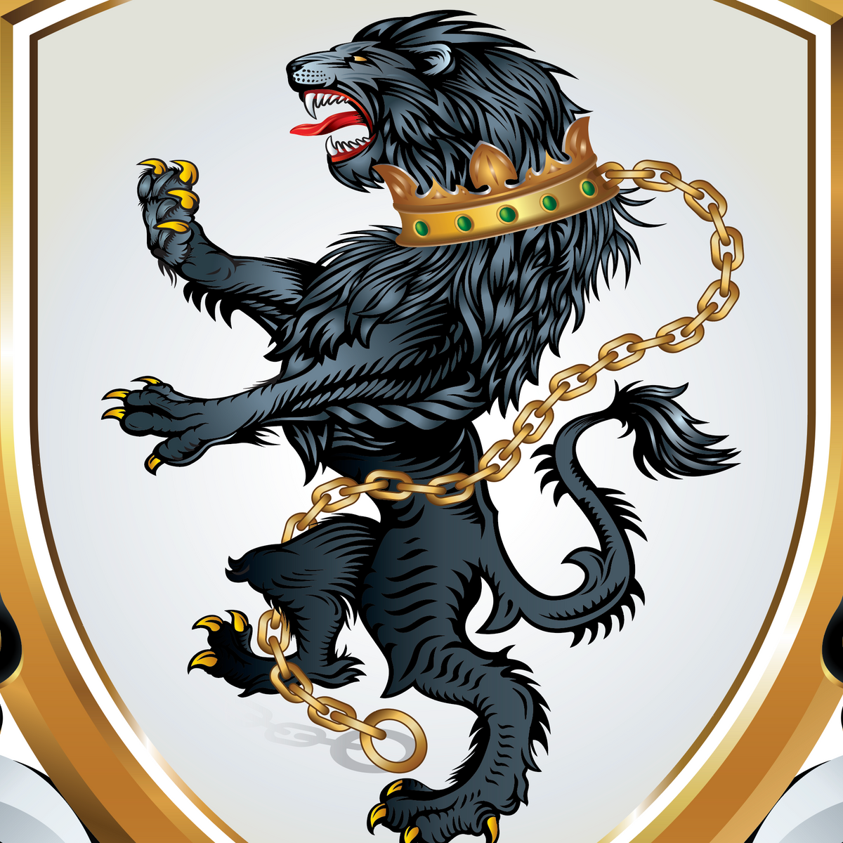 A closeup of the Phillips family crest featuring a black lion rampant wearing a gold crown and wrapped in a gold chain, on a white shield.