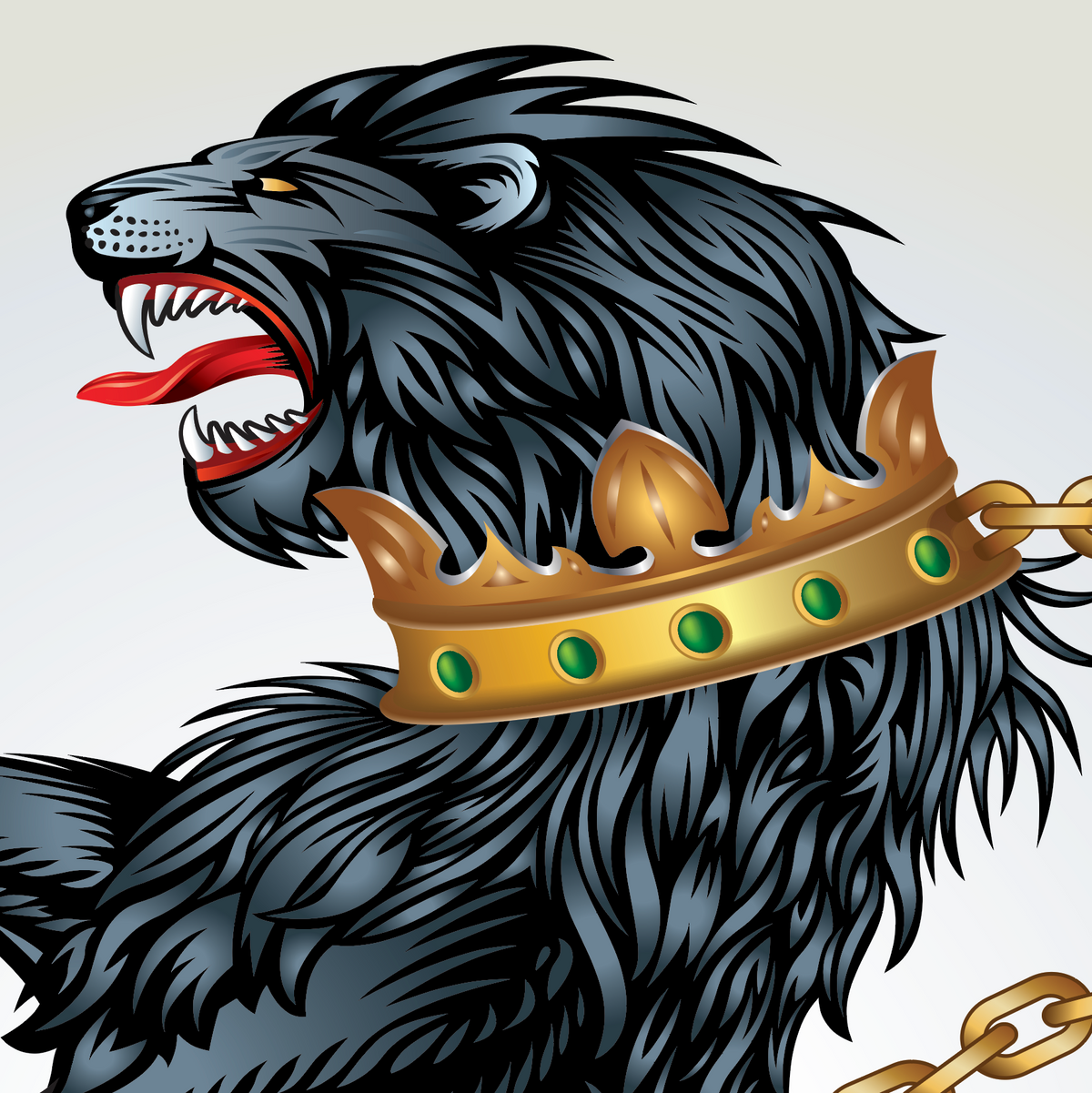 A closeup of the Phillips family crest featuring a roaring black lion wearing a gold crown around its neck.