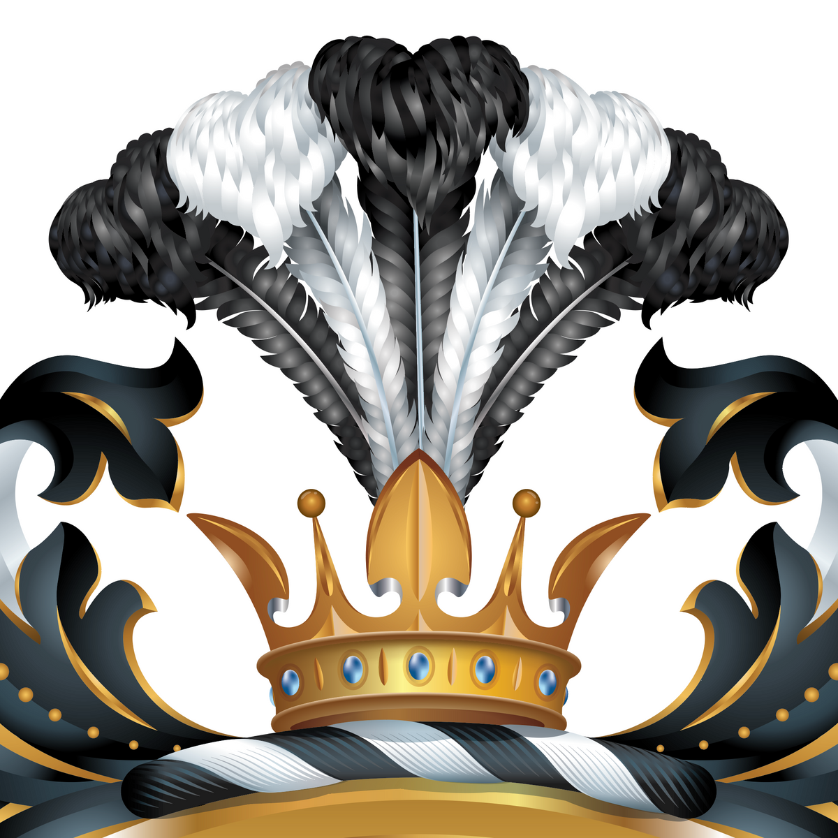 A closeup of the Phillips family crest featuring a gold crown with ostrich feathers.