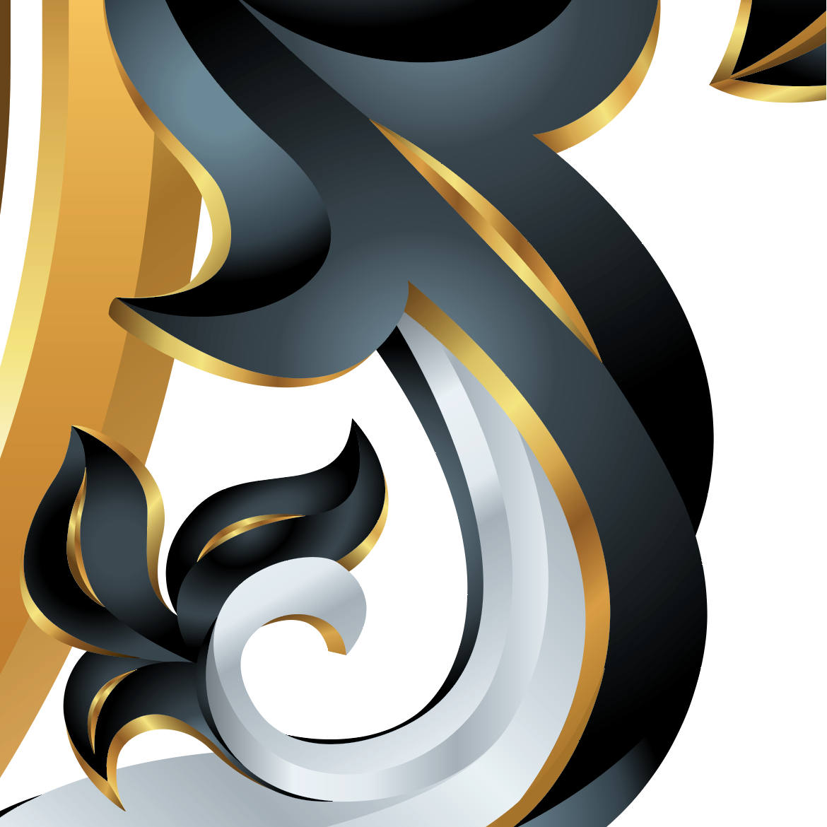 A closeup of the Phillips family crest featuring black, white, and gold ribbon-like mantling on a white background.