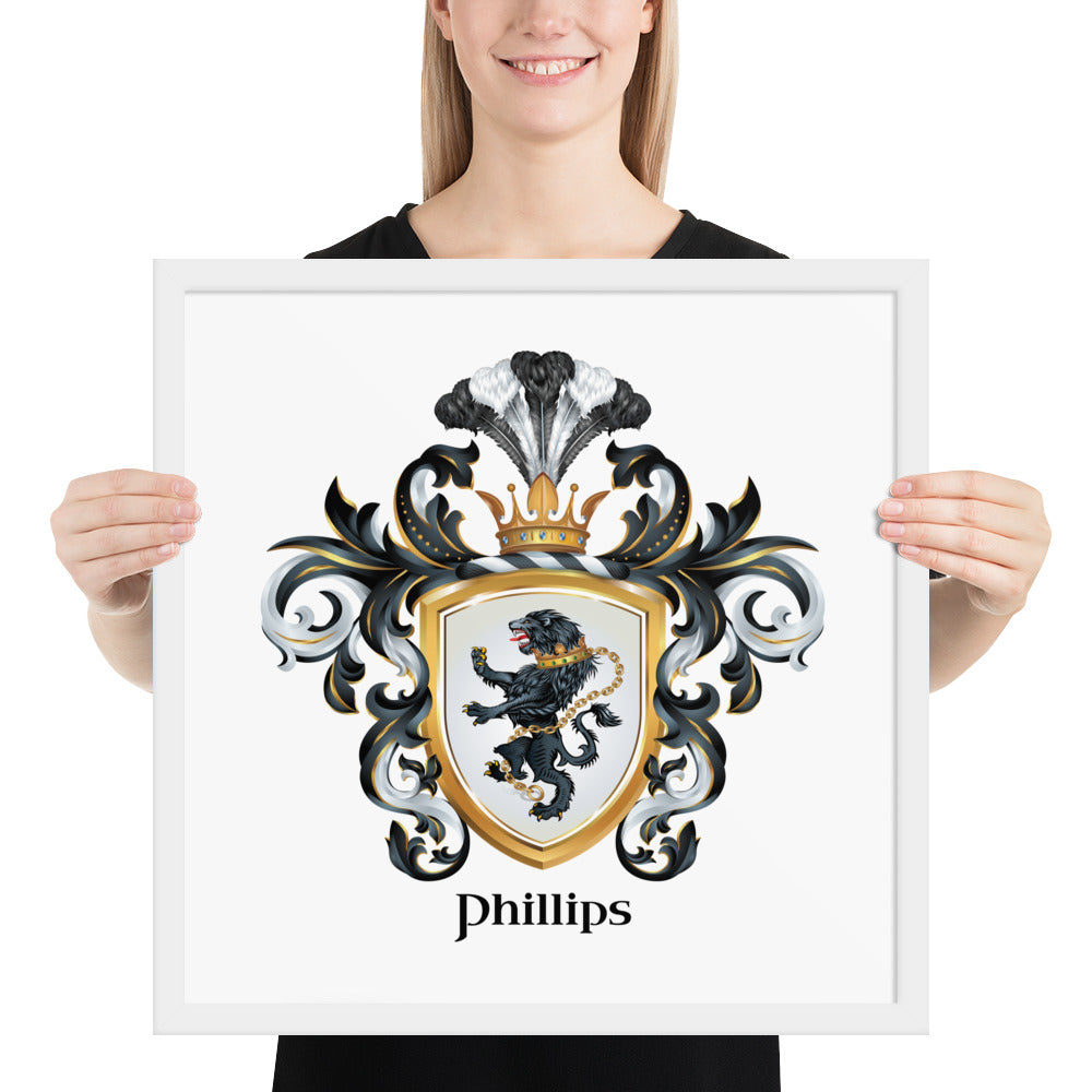 A woman standing in a white background, holding a white framed print of the Phillips family crest