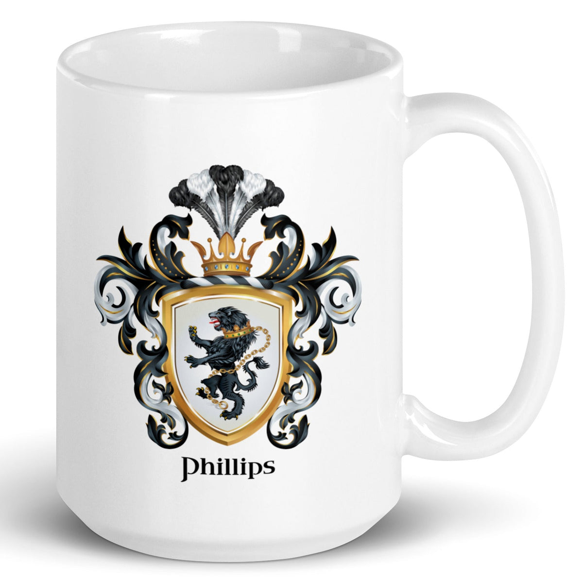 A white mug featuring the Phillips family crest showing a black lion with a gold chain on a white shield