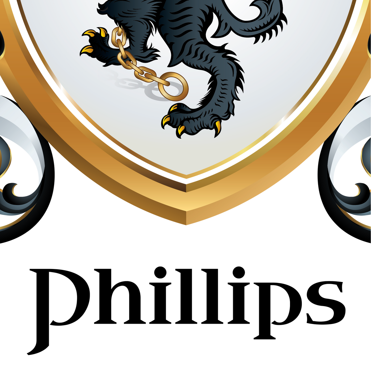 A closeup of the Phillips family crest featuring a white shield with a black lion and gold chain, above the word 'Phillips' in black serif text on a white background.