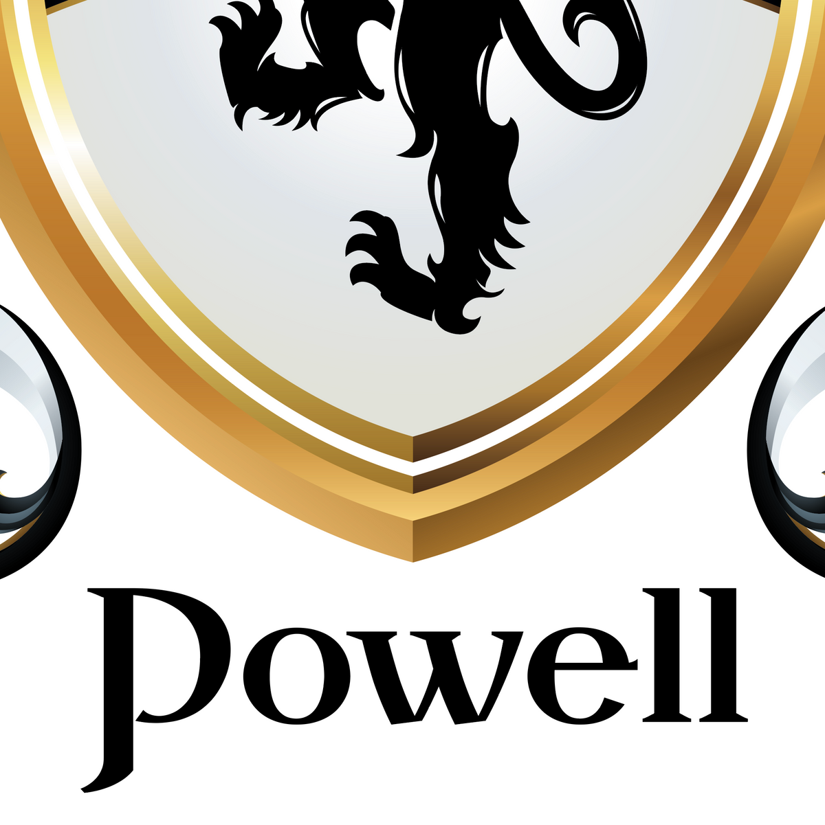 A close-up of the lower half of the Foster Family Coat of Arms featuring the elegant heraldic typography of the name Powell which is set in a custom font designed by Éamonn Breathnach.