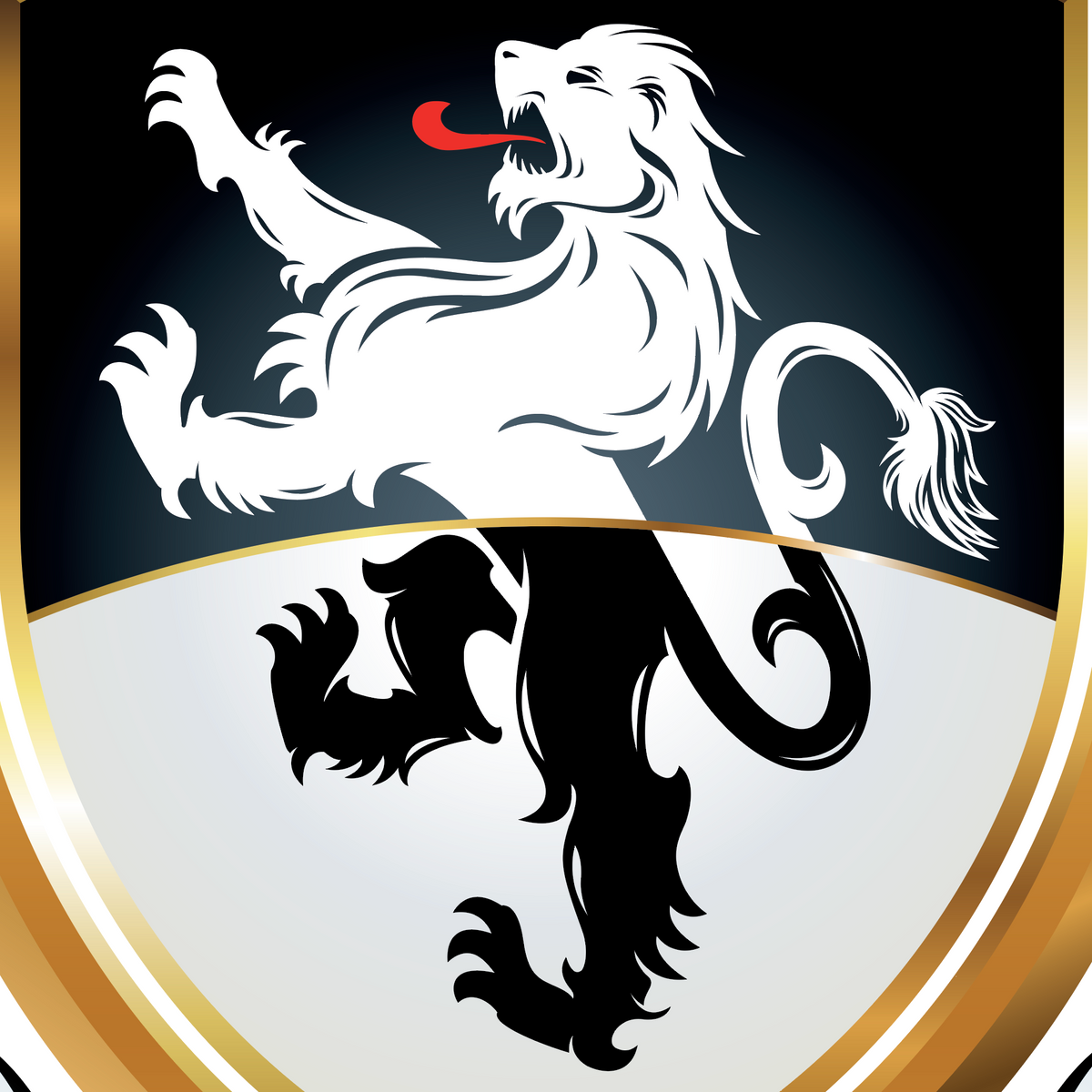 A close-up of the Powell Family Coat of Arms showing a heraldic shield design featuring a white lion rampant on a black upper field and a black lion rampant on a white lower field.
