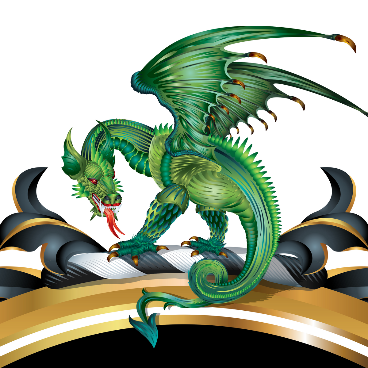 A close-up of the Powell Family Coat of Arms featuring a green dragon illustration with spread wings, standing on a white and black decorative crest cushon on the top rim of the shield against a white background.