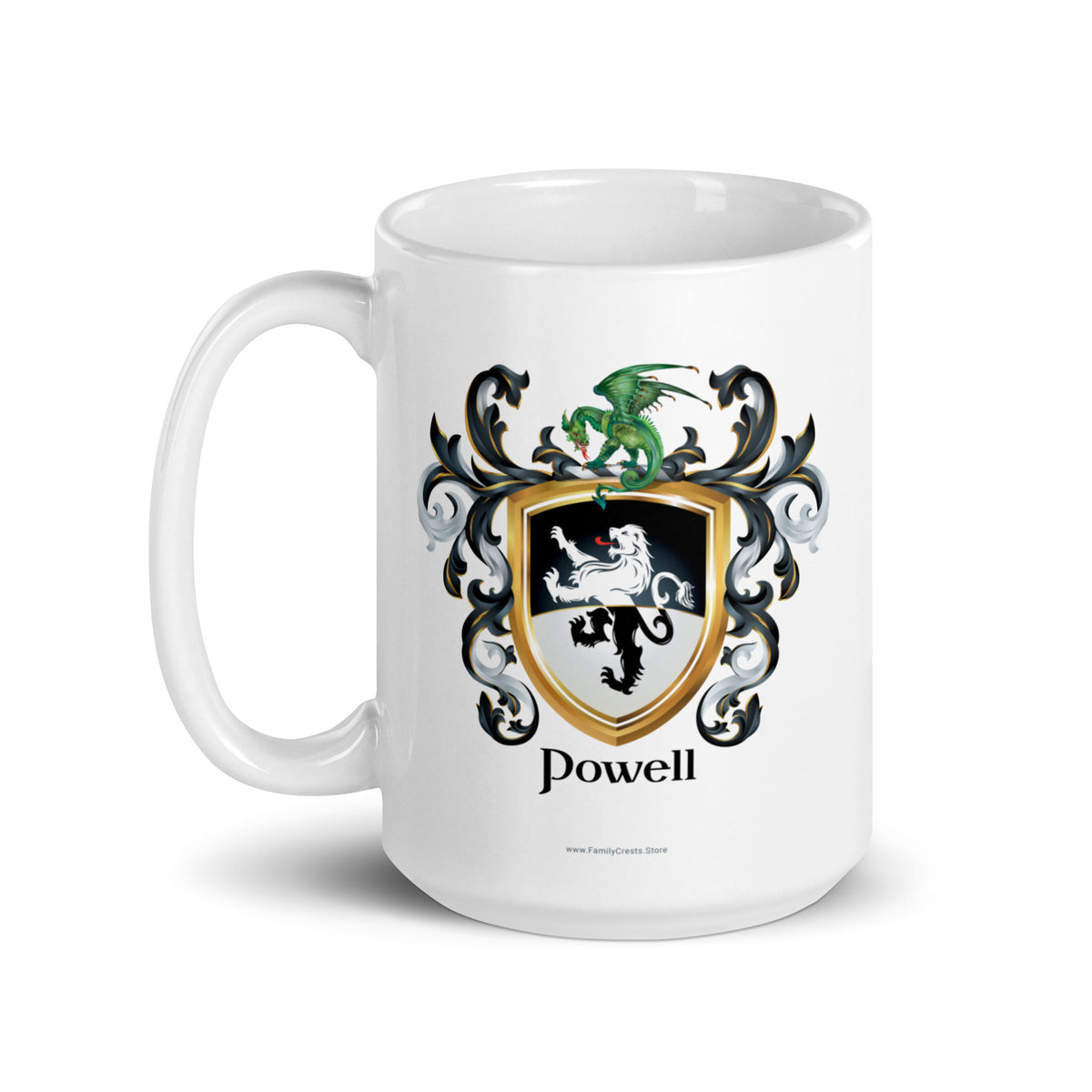 A white mug with handle to right, on a white background, printed with the Powell Family Coat featuring a black and white shield split with black in the top half, white in the bottom, with a standing lion that also has a white-black color split, and above the lion is a dragon sitting on the crest, and the shield is surrounded with black and white mantling, with the name Powell beneath it in elegant heraldic lettering.