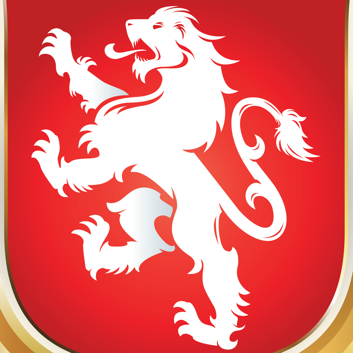 A close-up of the Price Family Coat of Arms featuring white rampant lion on a red background.