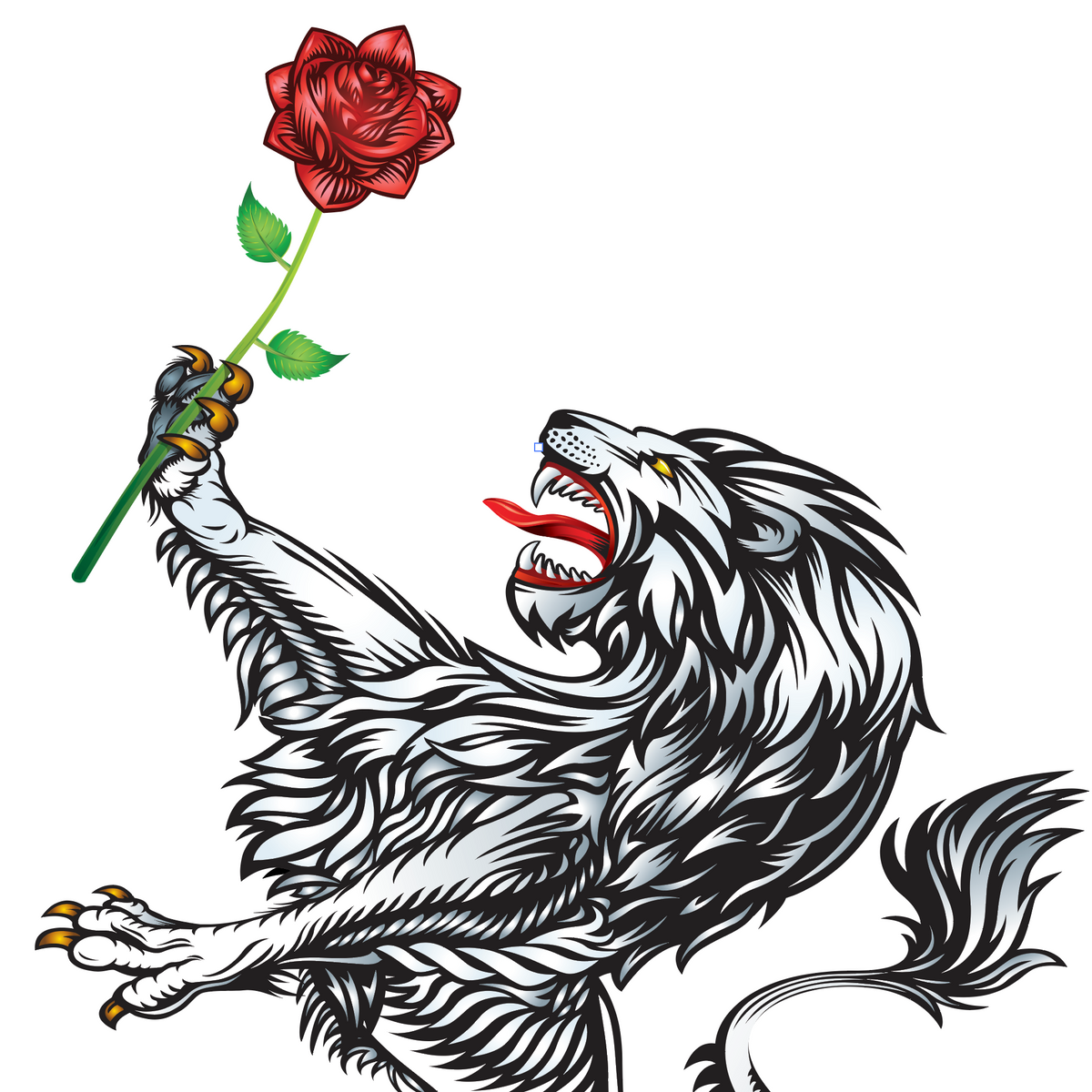 A close-up of the Price Family Coat of Arms featuring a white roaring lion holding a red rose above its head on a plain white background.